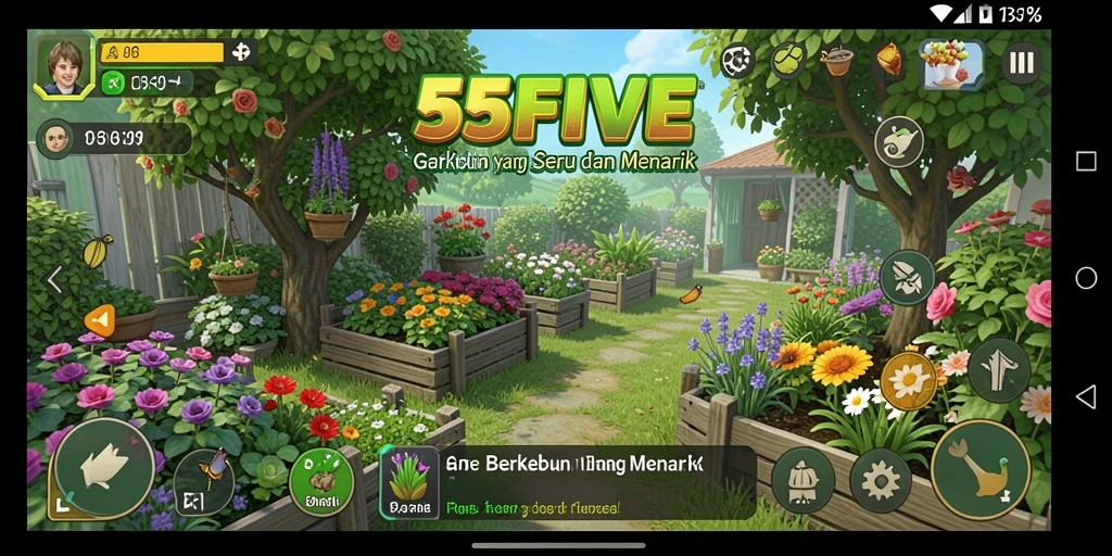 Screenshot gameplay <strong>55FIVE</strong> menampilkan kebun yang subur dan aktivitas bercocok tanam.