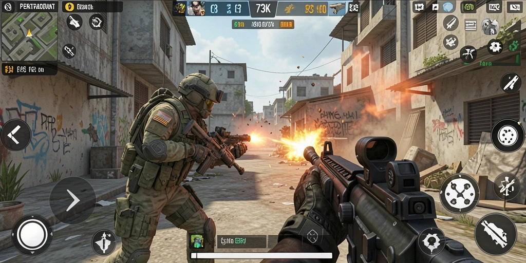 Screenshot menunjukkan aksi menembak intens di dalam game FPS.