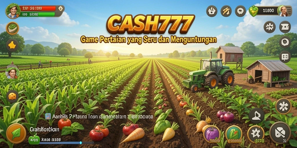 Screenshot utama <strong>CASH777</strong> menunjukkan gameplay seru bertani di lahan yang luas.