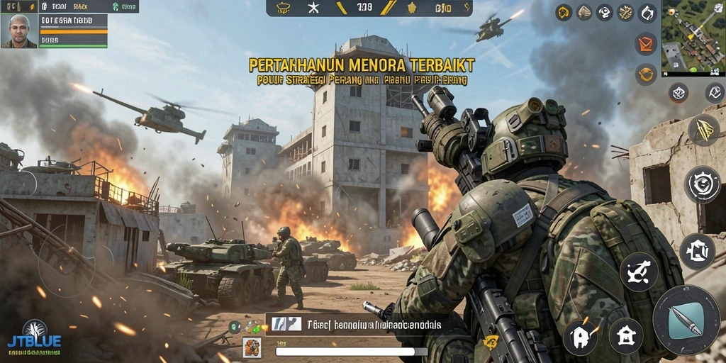 Screenshot utama JTBLUE menampilkan aksi seru dalam pertarungan Tower Defense.