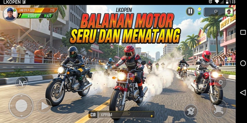 Gameplay seru LKOPEN dengan balapan motor di trek menantang.