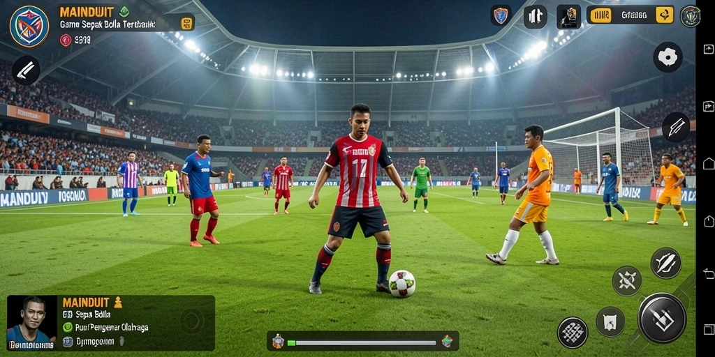 Screenshot menunjukkan aksi seru di lapangan sepak bola.