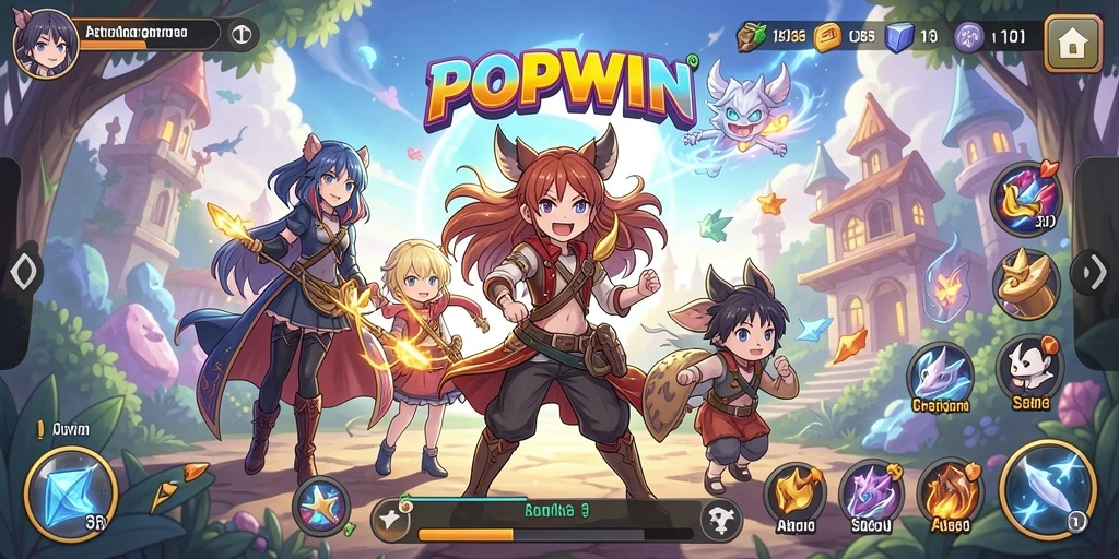Tampilan gameplay POPWIN yang penuh warna dan karakter anime yang menarik.