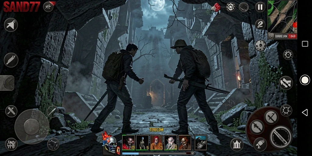 Screenshot gameplay SAND77 menampilkan suasana mencekam dan monster menyeramkan.