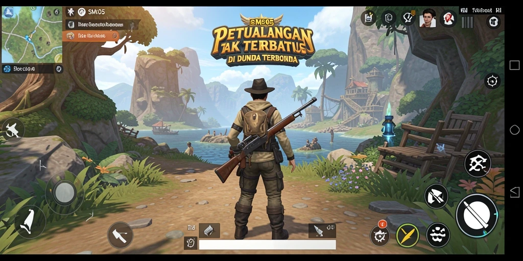 Screenshot gameplay SM605 menampilkan petualangan di dunia terbuka yang luas.
