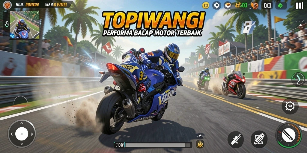 Gameplay seru balap motor di TOPIWANGI dengan berbagai sirkuit.